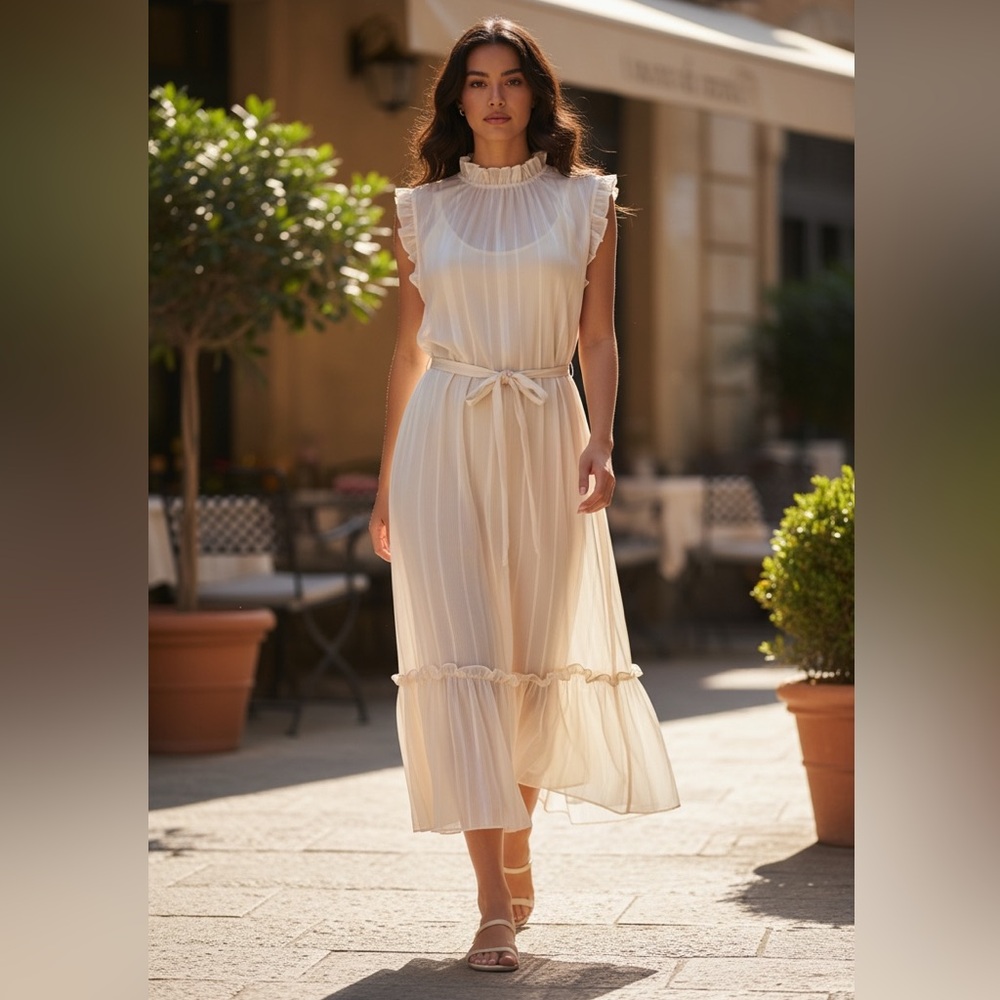 NWT Emma & Michelle Maxi Midi Champagne Dress Sheer Chiffon Cottagecore Fairy